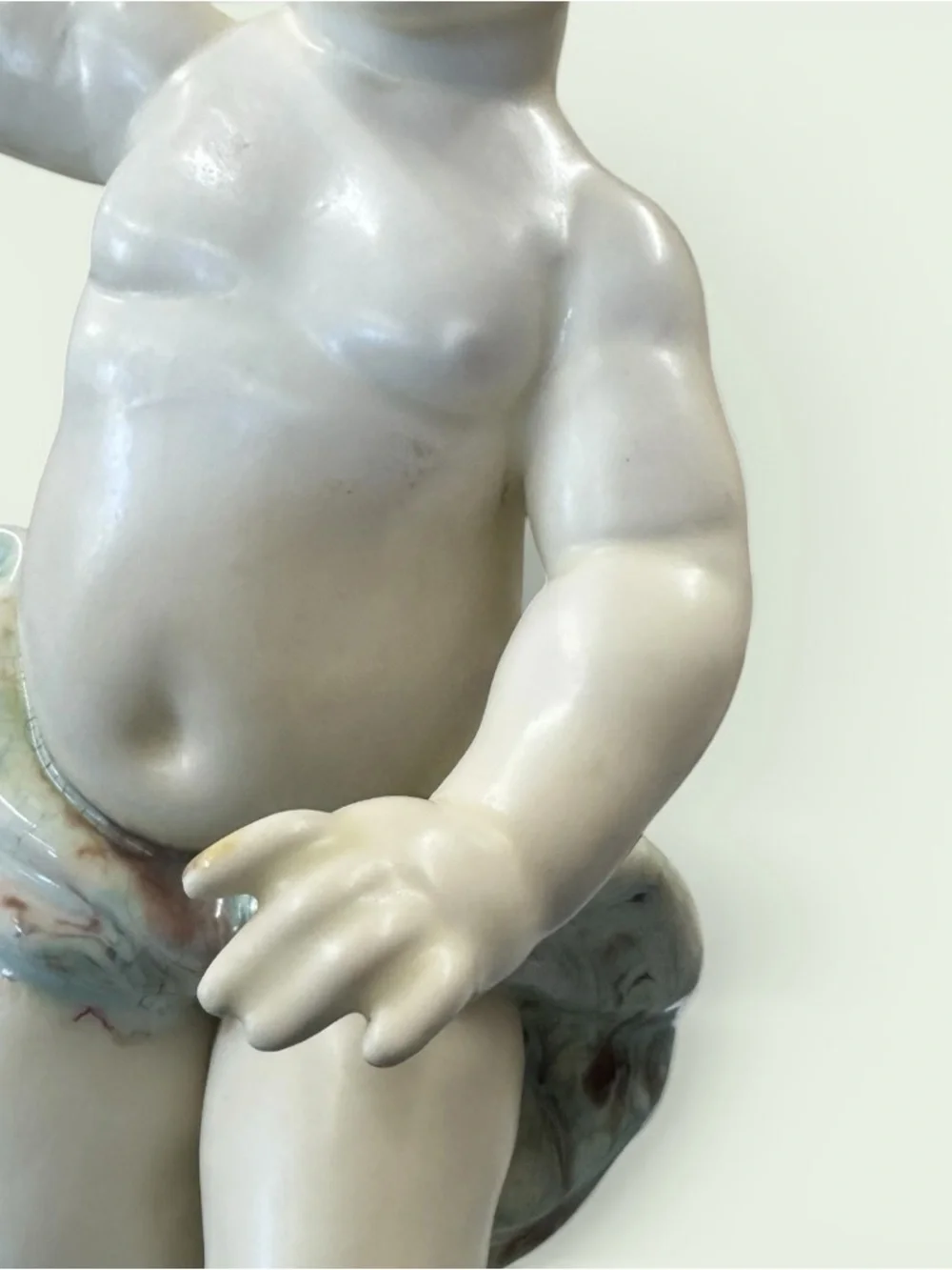 Vintage Cream Ceramic Cherub Figurine with Pale Aqua Drapery 16” x 6”